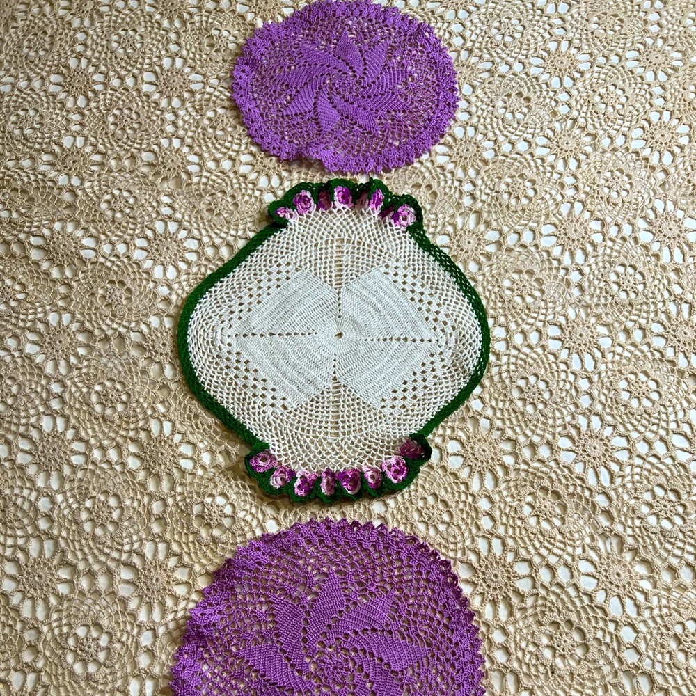 Unique OOAK Crochet Doily Table Mat or Dresser Set of Three